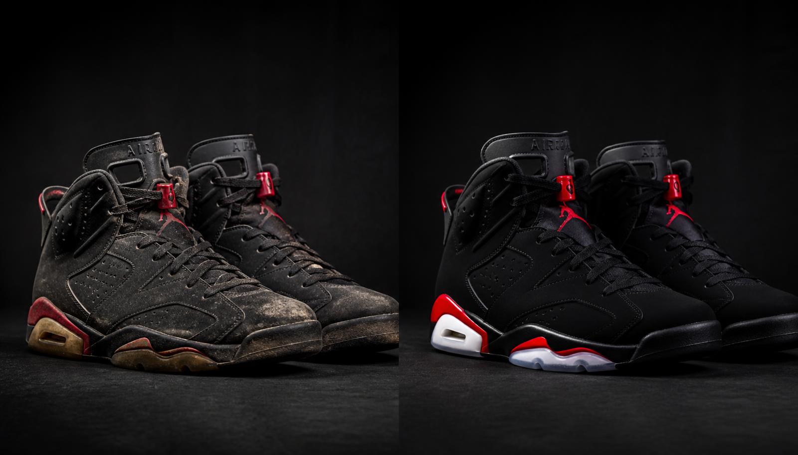 Before and after — Air Jordan 6 black, red and white pair cleaned by District Sole Spa