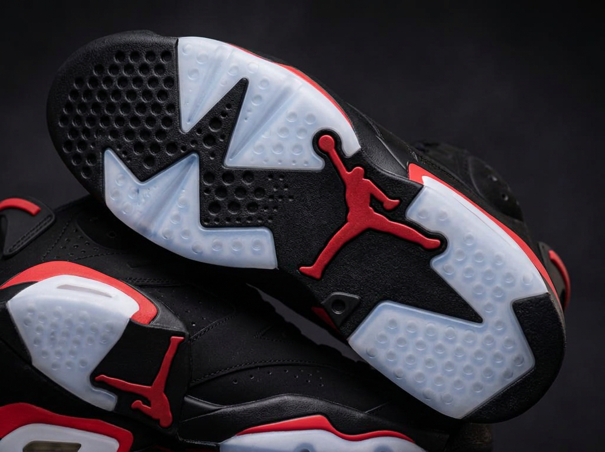 Spotless red and black outsole tread detail on an Air Jordan 6